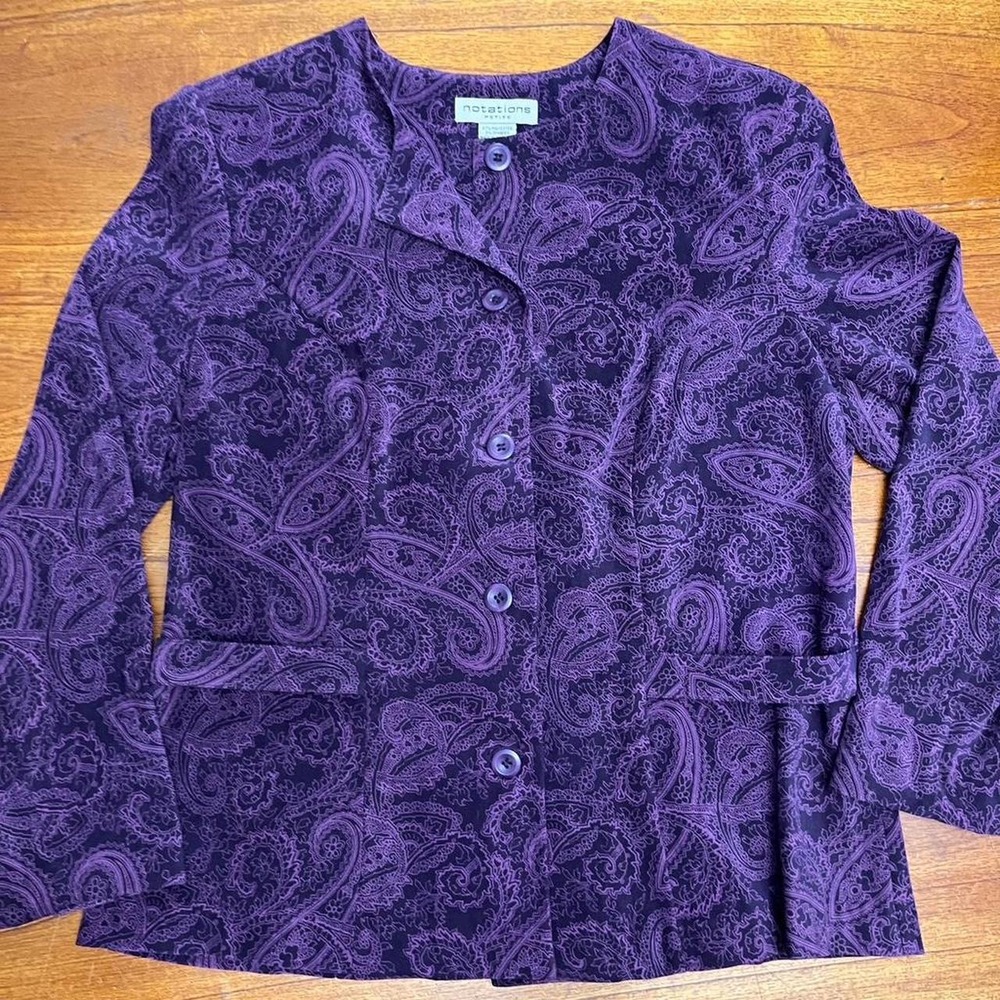 Vintage-vibe Notations purple paisley blazer. Structured shoulder pads